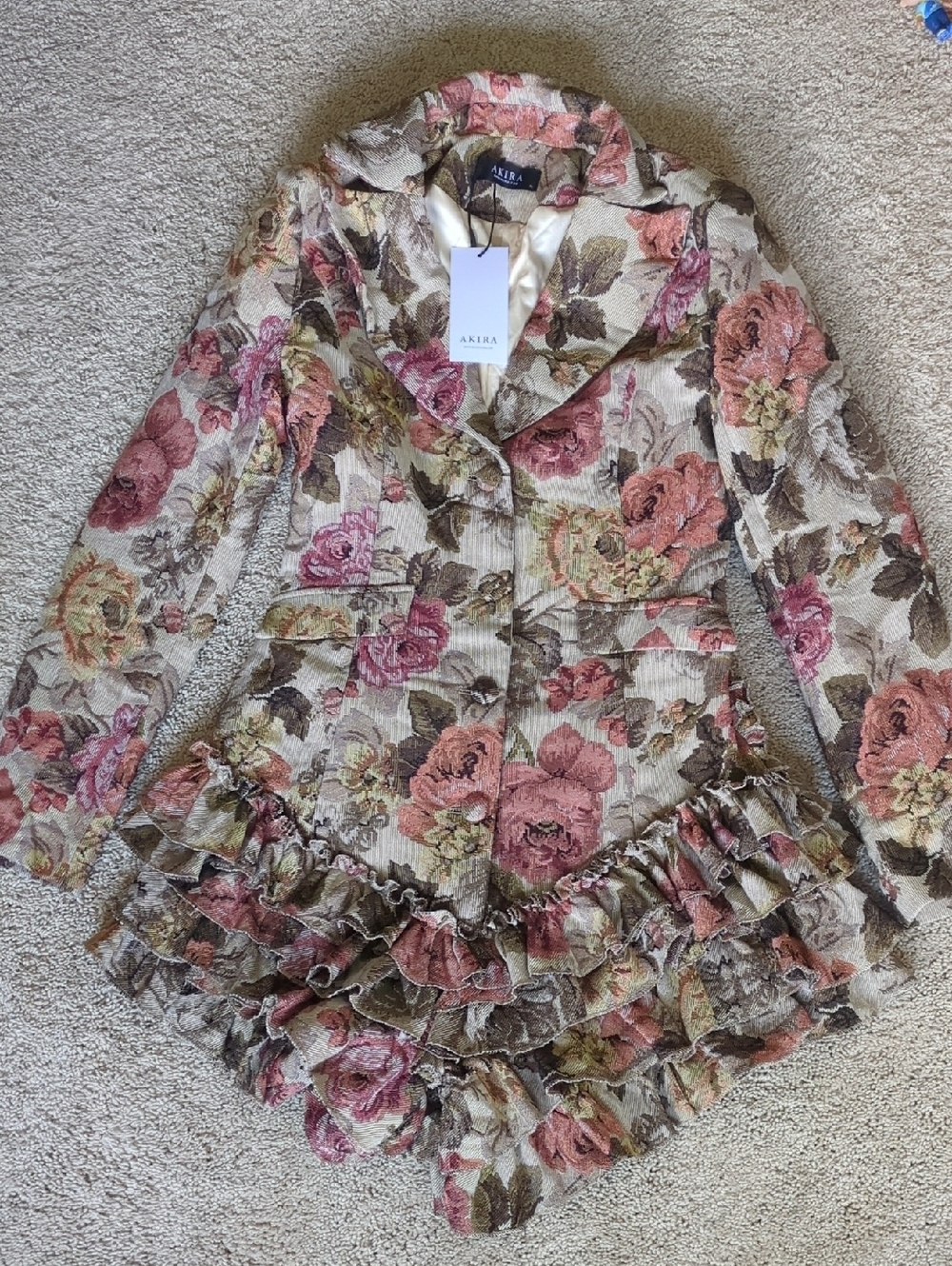 Fits like a Large or Medium AKIRA Floral Ruffle Mini Dress in Pink, Green, Cream